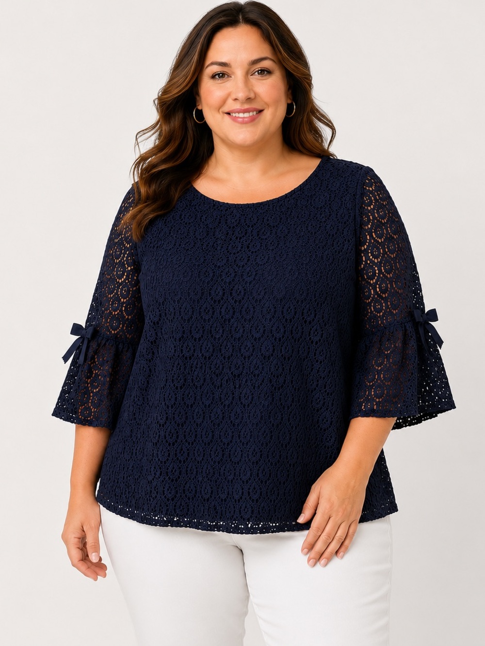 Talbots RSVP Blue Eyelet Bell Sleeve Bow Accent Blouse 2X Top